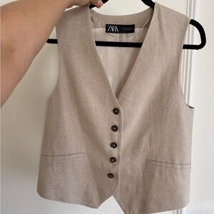 ZARA Neutral Beige V-Neck Button Vest